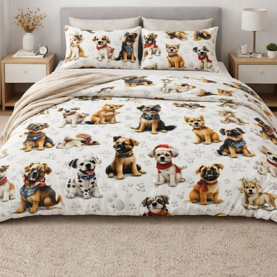 Pucioasa Cotton Satin Duvet Cover Set 200x230cm Double With 2 Pillowcases & 1 Bed Sheet Puppies