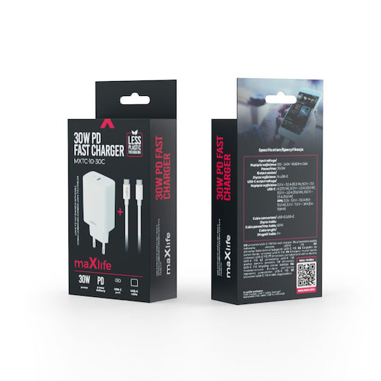 Maxlife Зарядно Устройство с USB-C Порт и Кабел USB-C - USB-C 30W Power Delivery / Quick Charge 3.0 Бял (MXTC-10-30C)