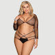 Plus Size Σετ Σουτιέν Ριγέ Δαντέλα & Μακριά Μανίκια Striped Lace Long Sleeve Bra Set Μαύρο