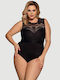 Κορμάκι Sexy Eyelash Lace Mesh Open Crotch Sleeveless Plus Size Bodysuit Μαύρο