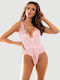Plus Size Lace Floral Bodysuit Deep V Neck Sheer Teddy Lingerie Pink