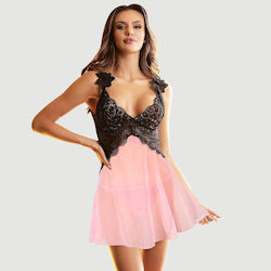 Babydoll V Neck Lace Stitching Strap Flower Babydoll Pink