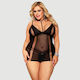 Plus Size Ελκυστικό Babydoll Δαντέλα & Κρεμαστό Λαιμό Elegant Lace Hanging Neck Perspective Sexy Babydoll Μαύρο