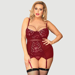 Plus Size Babydoll Ζαρτιέρες Μπανέλα & Δίχτυ Garter Babydoll Underwire Mesh Stitching Dark Red Lace Κόκκινο
