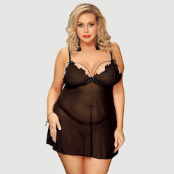 Plus Size Babydoll Δαντέλα & Λεπτό Κεντημένο Σχέδιο High End Delicate Embroidery Lace Babydoll & Lingerie Set Μαύρο