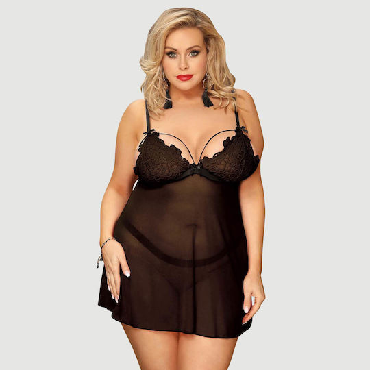 Plus Size Babydoll Δαντέλα & Λεπτό Κεντημένο Σχέδιο High End Delicate Embroidery Lace Babydoll & Lingerie Set Μαύρο