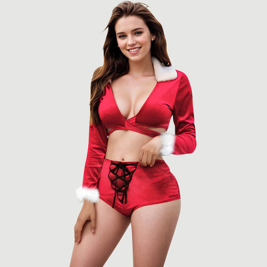 Σέξι Μακρυμάνικη Χριστουγεννιάτικη Στολή Sexy Long Sleeved Tie Up 2 Piece Christmas Suit – Κόκκινο