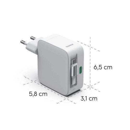 HAMA Зарядно Устройство GaN с USB-C Изходен Порт и USB-C Кабел 30W Power Delivery Бял 00201956