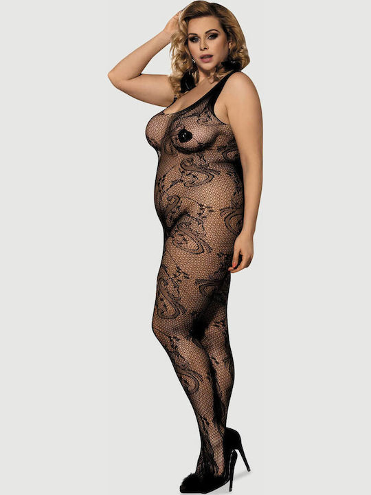 Bodystocking-uri Sexy Mărimi Mari Deschis Plasă Fără Chilot Șiret Negru