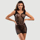 Ärmelloses Netzkleid Hoch Elastisch Sleeveless Kurzes Hoch Elastizität Fischernetz Bodystocking – Schwarz