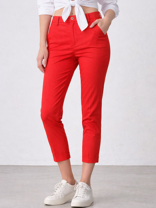 Pantaloni Dama Capri Din Țesătură Roșii