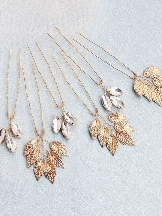 «golden Touch» Σετ 6 Φουρκέτες Κρύσταλλα Μεταλλικά Φυλλαράκια Αποχρώσεις Του Χρυσού