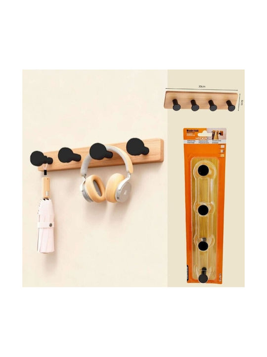 Wooden Wall Hanger 4 Hooks Black 30cm 4 Pieces