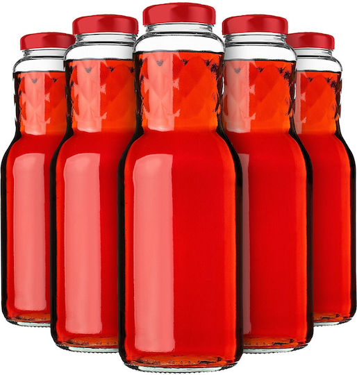 Sticle De Suc Din Sticlă 1l + Capace Roșii Fi53 5 Bucăți