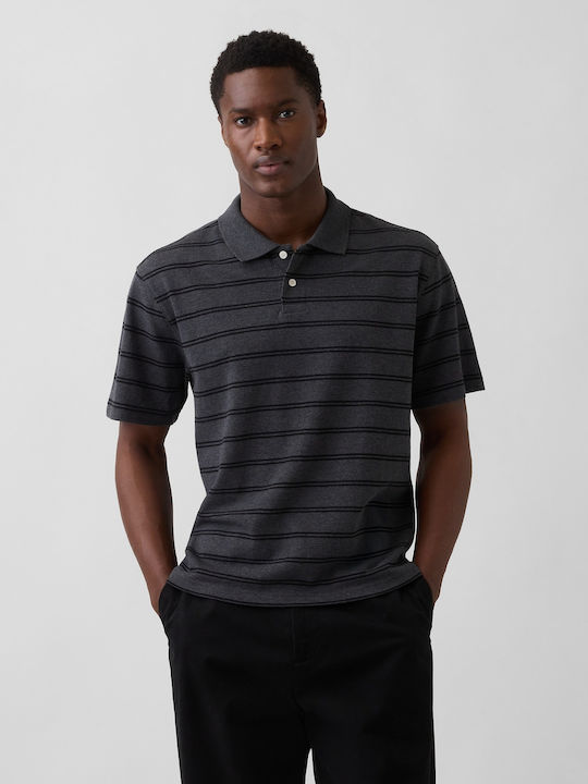 Polo Herrenbluse Kurzarm Grau/Schwarz Streifen