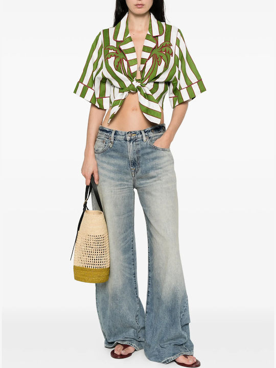 Women's Summer Crop Linen Striped Top Green