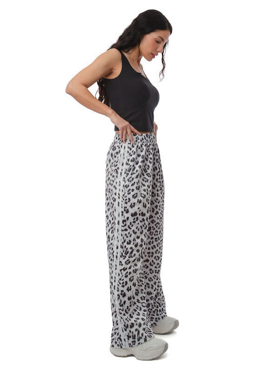Λευκή Φαρδιά Παντελόνα Animal Print Ρίγες