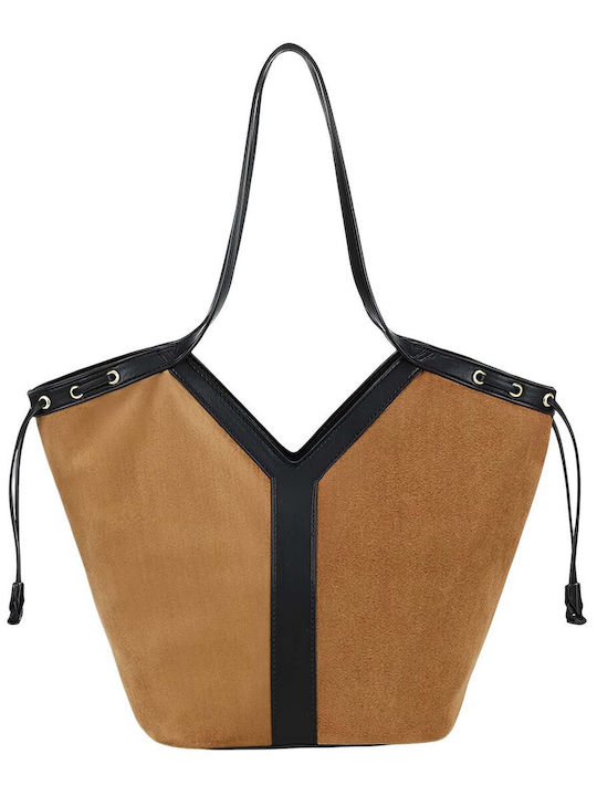Gallantry Modern Tote Bag Women Suede-like Appearance Side Drawstring Brown Beige