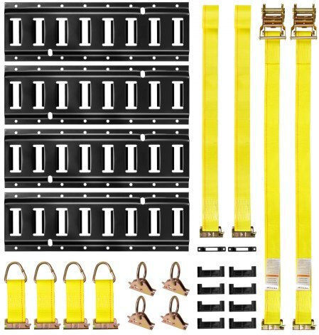 Vevor E-track Tie-down Rail Kit 4 Pack 0.4 M E Tracks Set 21 Pcs Includes 2 Ratchet Straps & 4 O-rings & 4 Tie-offs D-ring & 2 Single Slots & 8 End Caps & 1 Bag Fit Garages Vans Trailers