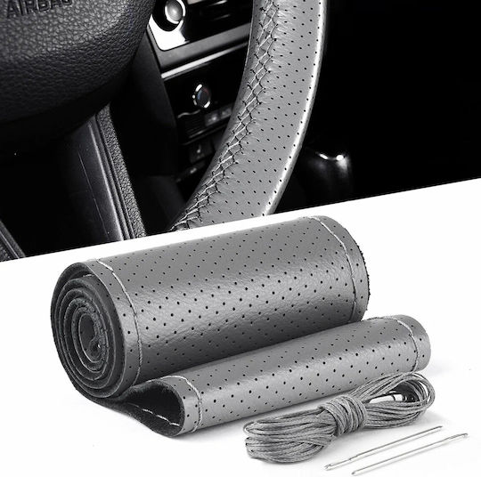 Husă Volan Auto cu Diametru 39cm Din Piele Gri