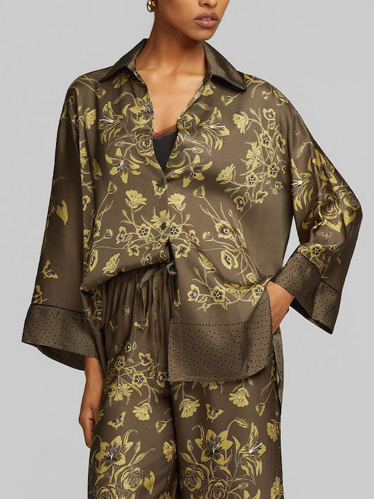 Long Sleeve Women's Satin Shirt Khaki