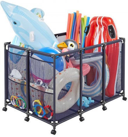 Vevor Pool Storage Bin 125 X 84 X 84 Cm Rolling Pool Float Storage Organizer Side Pockets & Casters Heavy Duty Metal Frame Poolside Toys Noodles Holder Mesh Basket Swimming Pools