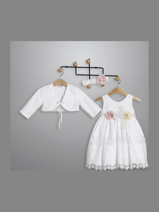New Life White Baptism Clothes Set with Dress and Cardigan made of Tulle 3 Pieces