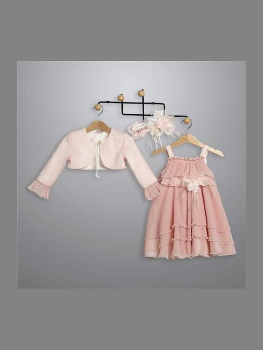 New Life Pink Baptism Clothes Set with Cardigan Dress and Skirt made of Tulle 3 Pieces