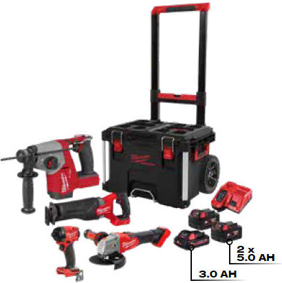 Milwaukee M18 Fuel FPP4GR-533P Power Packout™ Battery Tool Set Angle Grinder Impact Driver Rotary Hammer & Reciprocating Saw Brushless 18V with 3 Batteries 5Ah - 3Ah and Case