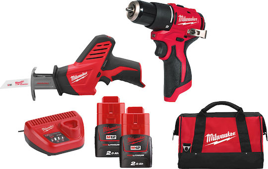 Milwaukee M12 BLPDRHZ2-202B Drill Driver & Reciprocating Saw Brushless 12V Set with 2 Batteries 2Ah and Case