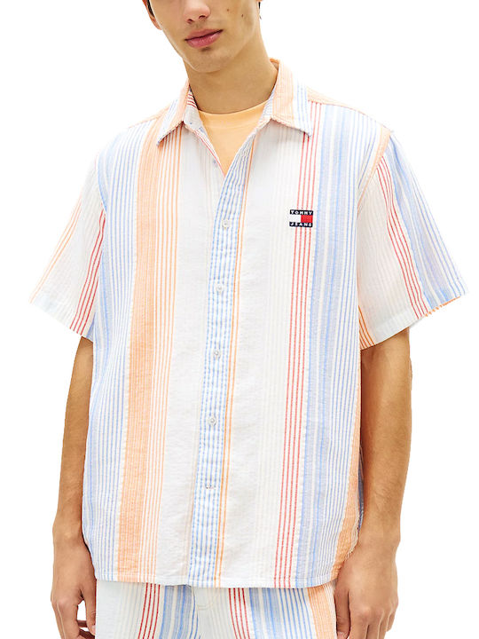 Short Sleeve Cotton Shirt Striped Ecru-Orange-Light Blue