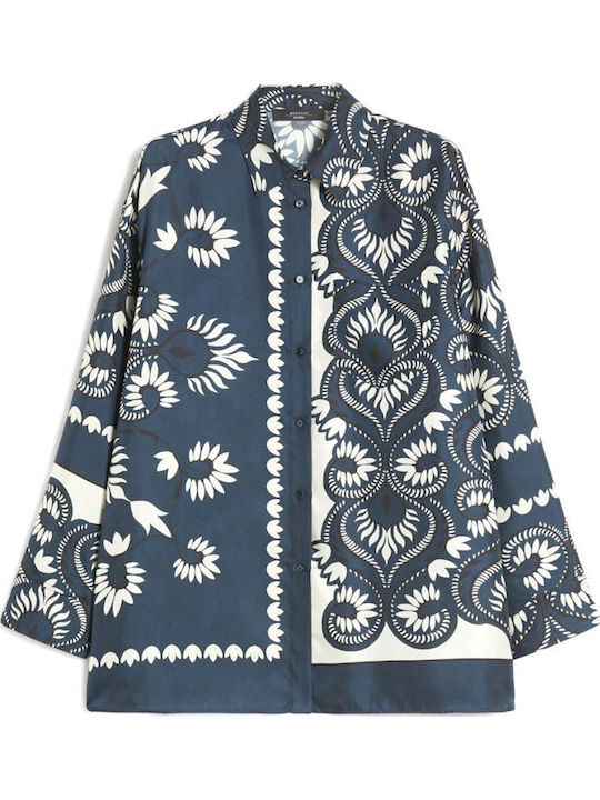 Long Sleeve Women's Silky Shirt Blue Floral