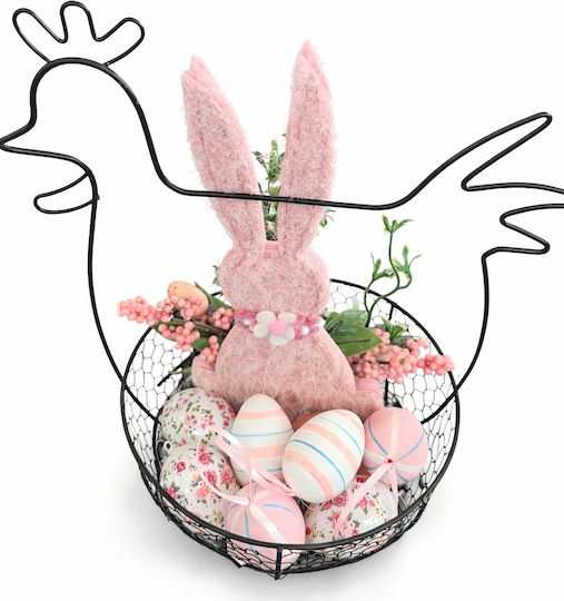 Easter Basket Chicken Pink Bunny Pink Branches Eggs Multicolored Decorative Eggs