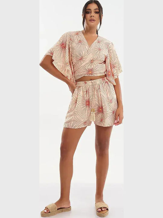 Damen-Shorts Beige Mit Rote/Goldene Blumen