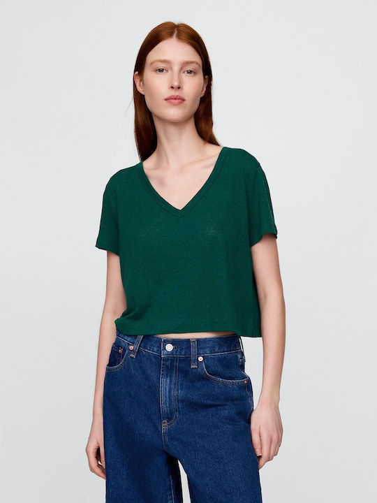 Γυναικείο Καλοκαιρινό Crop Top Λινό με V Λαιμόκοψη Rain Forest Green