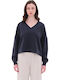 Women's Cotton Blouse with V-Neckline Vintage Blue
