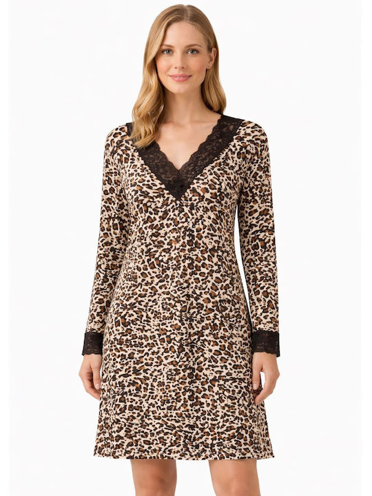 Caress Χειμερινό Γυναικείο Νυχτικό Animal Print Brown