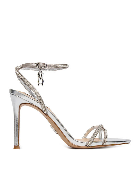 Leather Sandals with Strass Silver