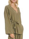 Long Sleeve Women's Linen Shirt Dusty Olive Striped