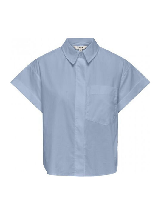 Short Sleeve Women's Cotton Shirt Cashmere Blue