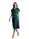 Summer Midi Evening Satin Drape Dress with Tearing Green