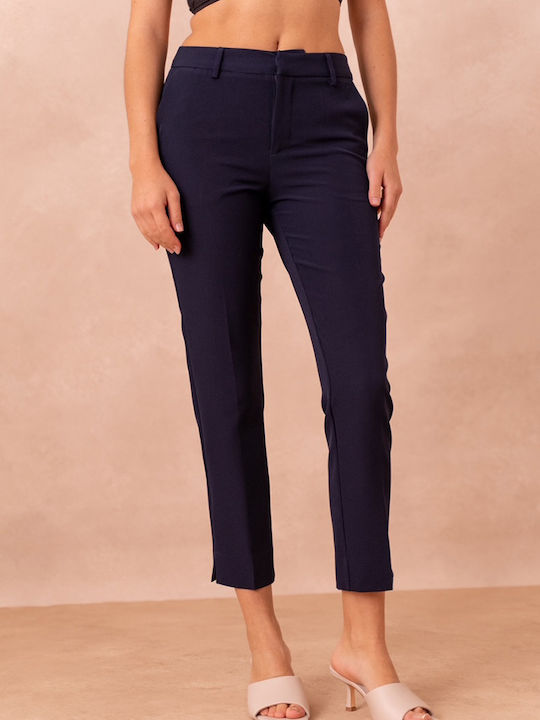 Women's High Rise Fabric Trousers in Straight Leg Navy Blue