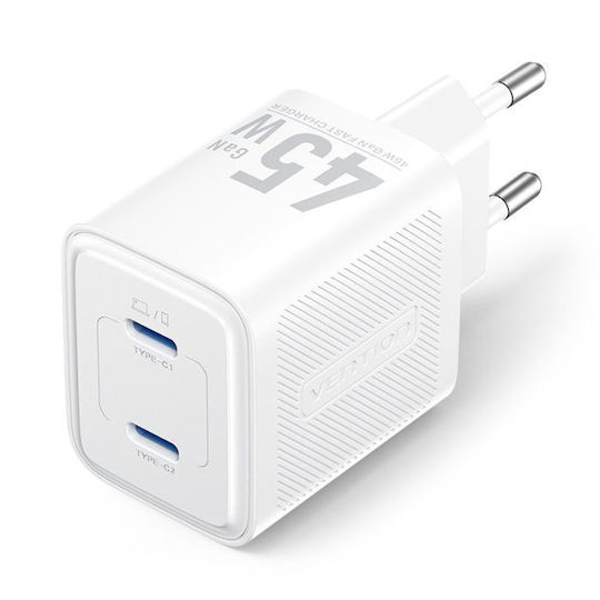 Vention Φορτιστής Χωρίς Καλώδιο GaN με 2 Θύρες USB-C 45W Power Delivery Λευκός (FCFW0-EU)