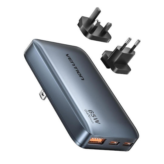 Vention Φορτιστής Χωρίς Καλώδιο GaN με Θύρα USB-A και 2 Θύρες USB-C 65W Power Delivery Γκρι (FCBH0)