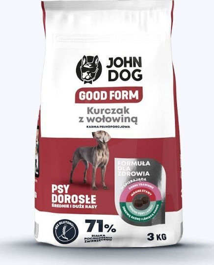 John Dog Good Form 3kg Trockenfutter für Erwachsene Hunde Mittlere & Große Rassen mit Huhn und Rindfleisch