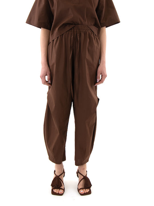 Pants Γυναικείο Ψηλόμεσο Υφασμάτινο Παντελόνι με Λάστιχο Καφέ