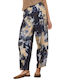 Women's High Rise Fabric Trousers with Rubber Band in Baggy Leg Style Blue