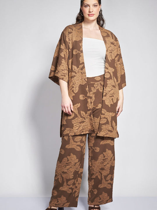 Pantaloni Dama Largi Cu Cauciuc Floral Maro High Rise