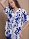 Damen Denim Halbknopfhemden Blau Blumen