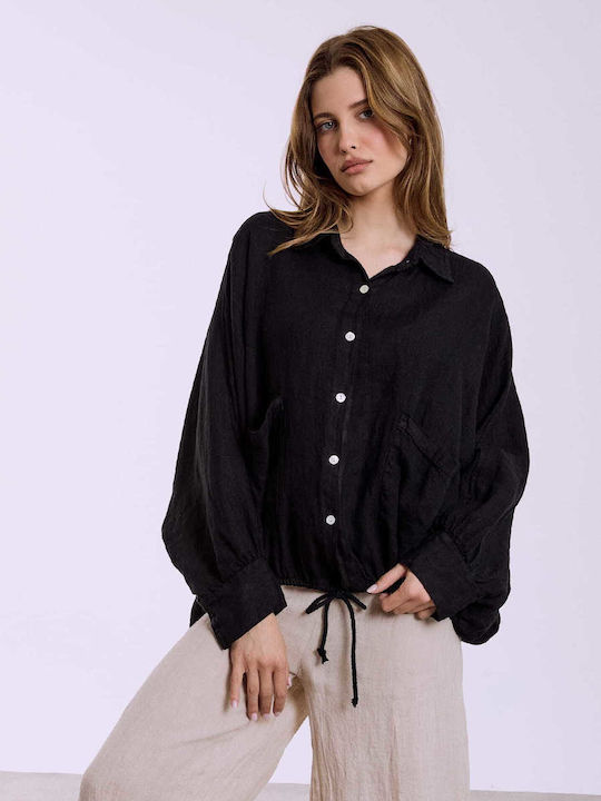 Celestino Damenjacken Leinen Asymmetrisch Loose Fit Schwarz
